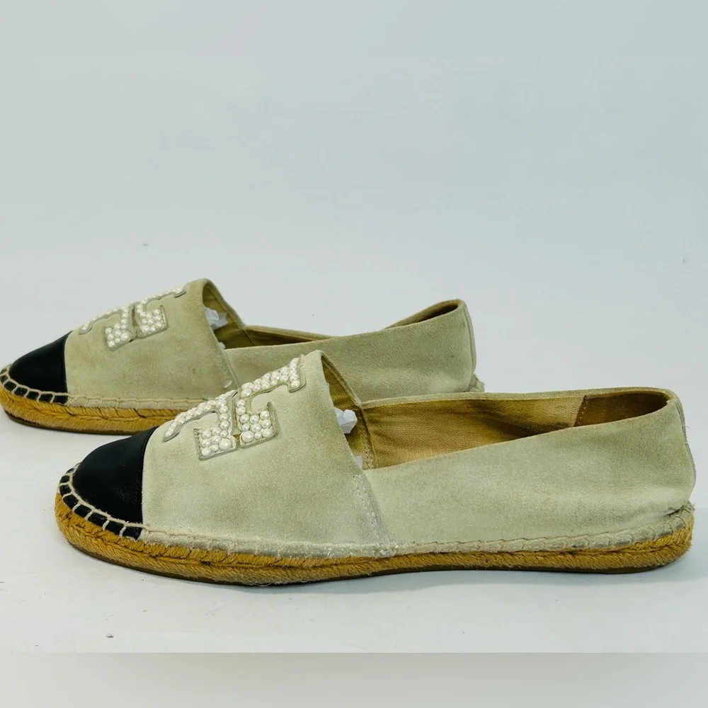 Tory Burch Pearl Logo Flat Espadrille in Black Nappa Leather and Beige Suede 6.5